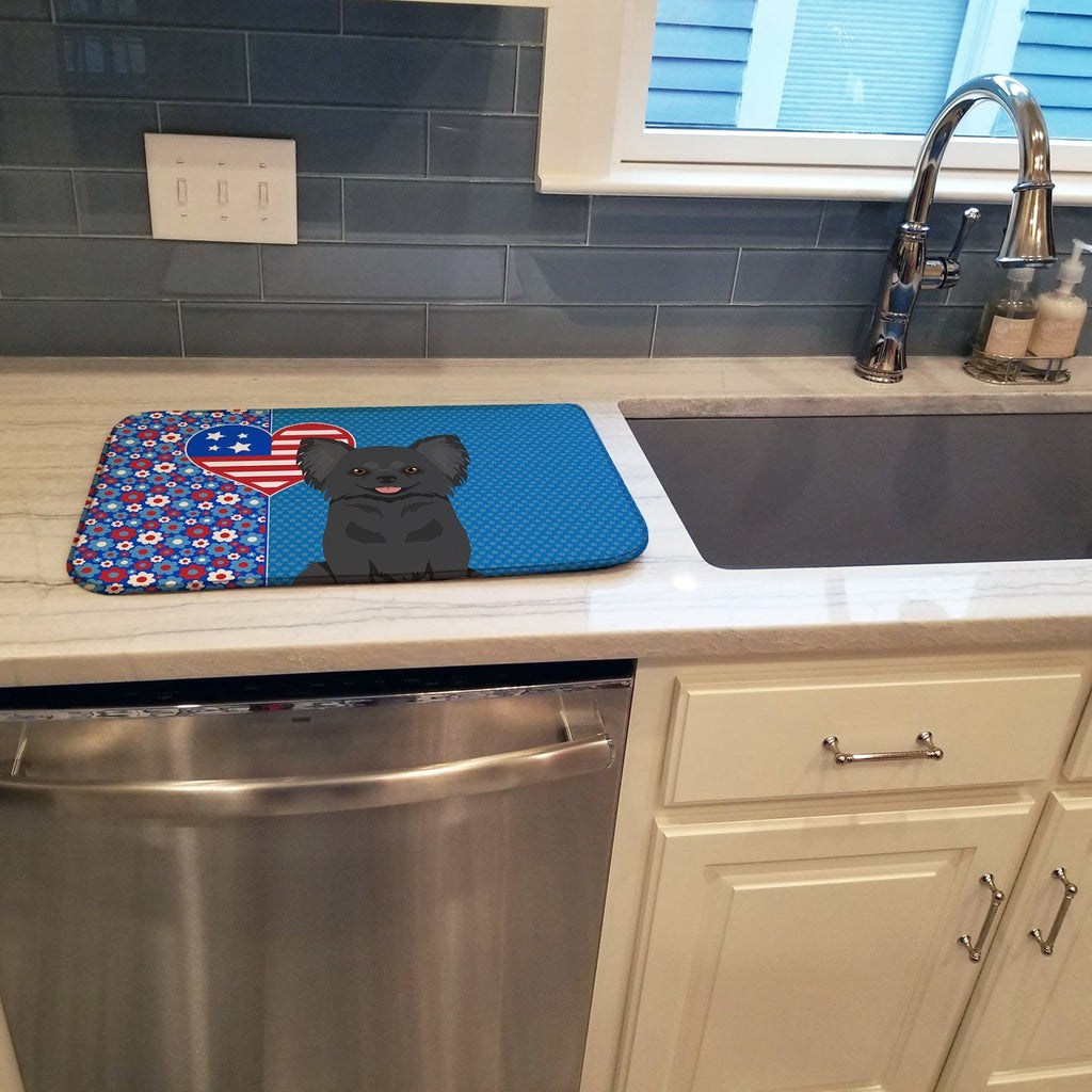Longhaired Black Chihuahua USA American Dish Drying Mat Absorbent Dish Drying Mat Pad for Kitchen Counter Dish Drainer Mat for Countertop, 14 x 21", Multicolor