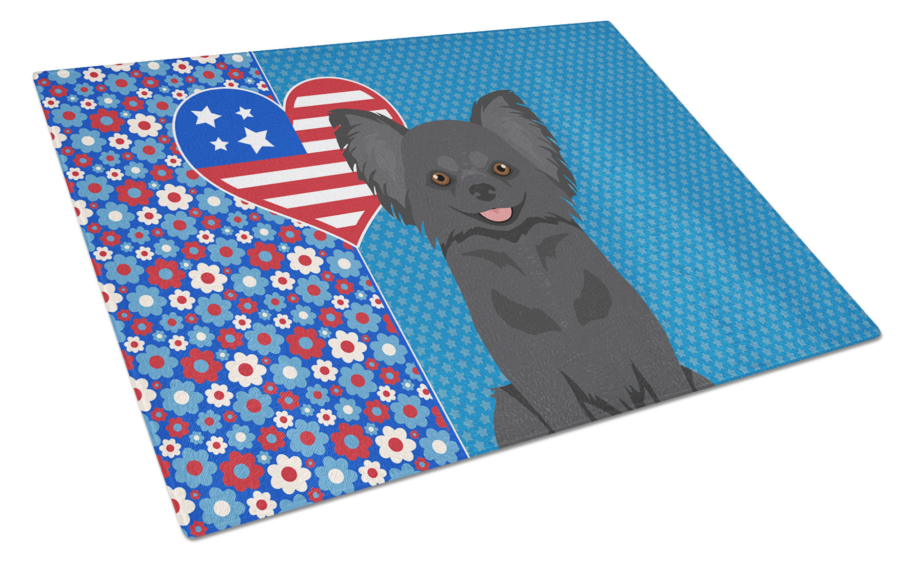 Longhaired Black Chihuahua USA American Cutting Board Tempered Glass Kitchen Cutting Surface, Heat Resistant Chopping, Non-Slip Feet, Food Prep & Serving
