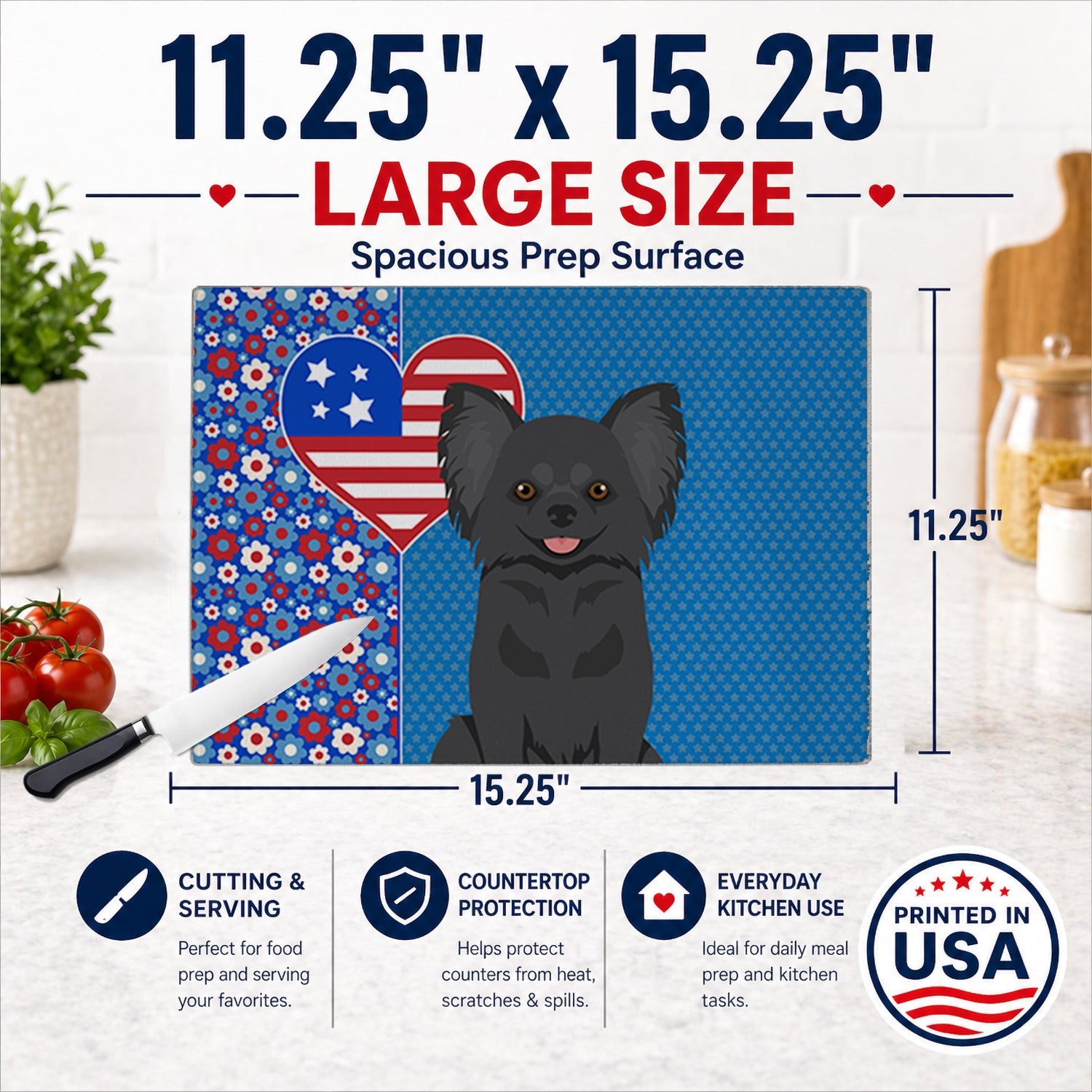 Longhaired Black Chihuahua USA American Cutting Board Tempered Glass Kitchen Cutting Surface, Heat Resistant Chopping, Non-Slip Feet, Food Prep & Serving