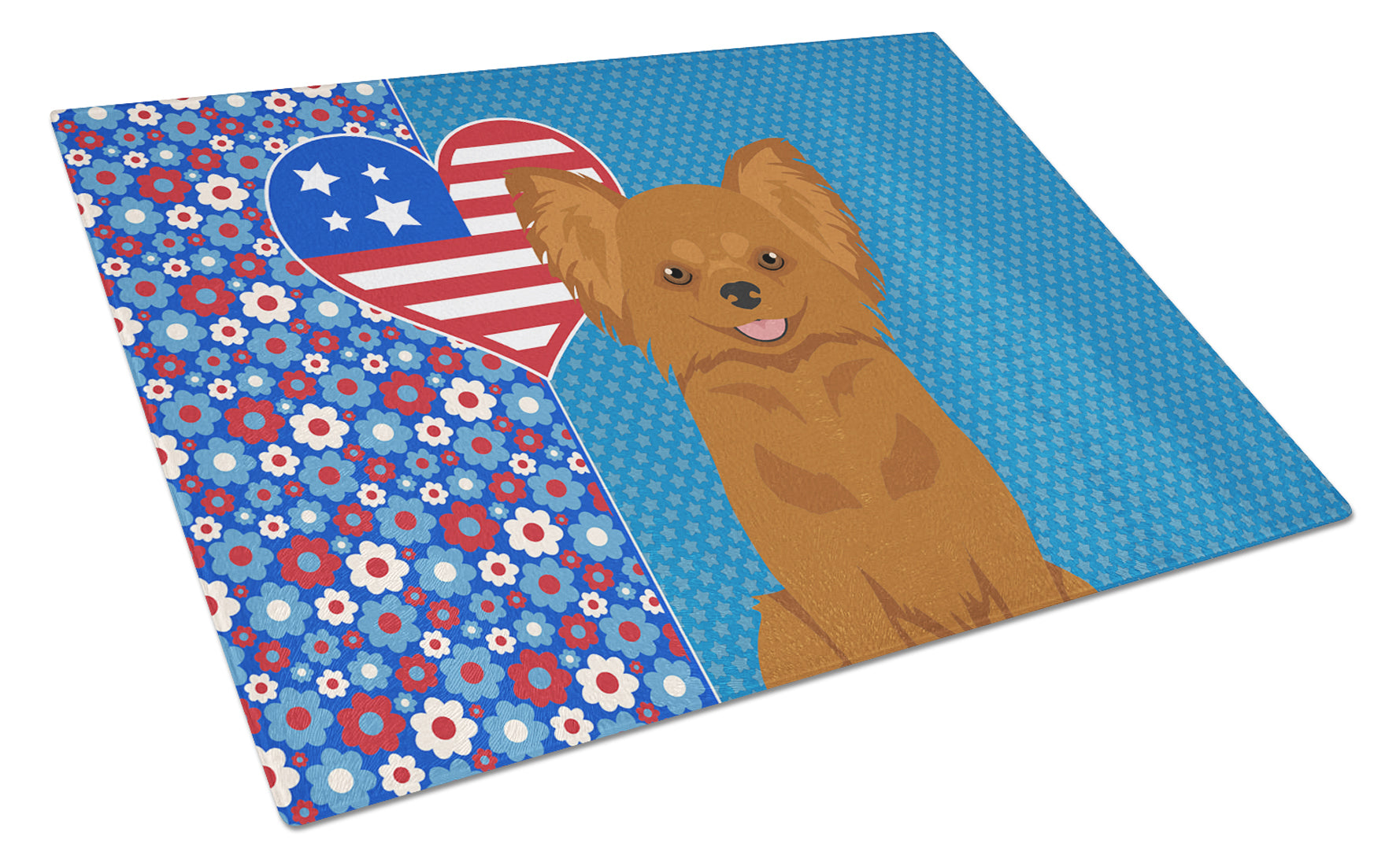 Longhaired Red Chihuahua USA American Cutting Board Tempered Glass Kitchen Cutting Surface, Heat Resistant Chopping, Non-Slip Feet, Food Prep & Serving