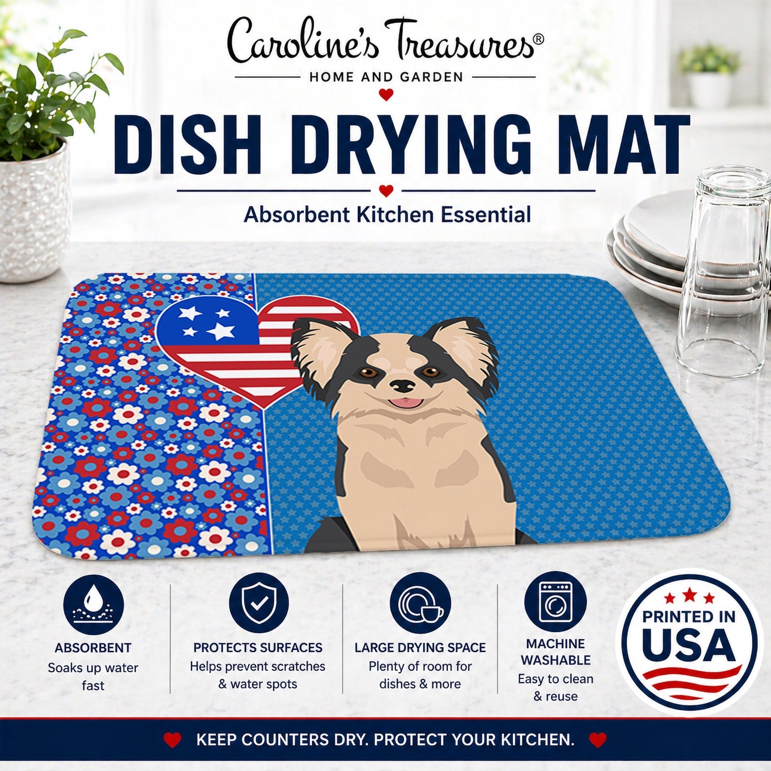 Longhaired Black and White #2 Chihuahua USA American Dish Drying Mat Absorbent Dish Drying Mat Pad for Kitchen Counter Dish Drainer Mat for Countertop, 14 x 21", Multicolor
