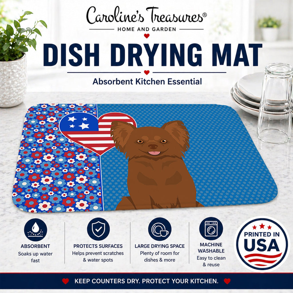 Longhaired Chocolate Chihuahua USA American Dish Drying Mat Absorbent Dish Drying Mat Pad for Kitchen Counter Dish Drainer Mat for Countertop, 14 x 21", Multicolor