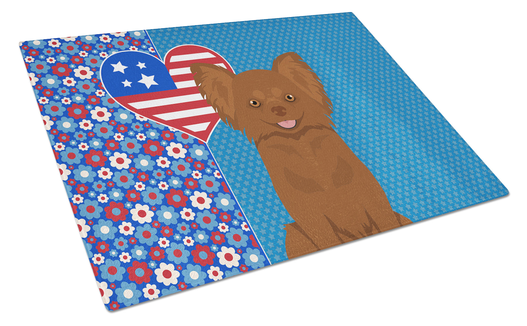Longhaired Chocolate Chihuahua USA American Cutting Board Tempered Glass Kitchen Cutting Surface, Heat Resistant Chopping, Non-Slip Feet, Food Prep & Serving