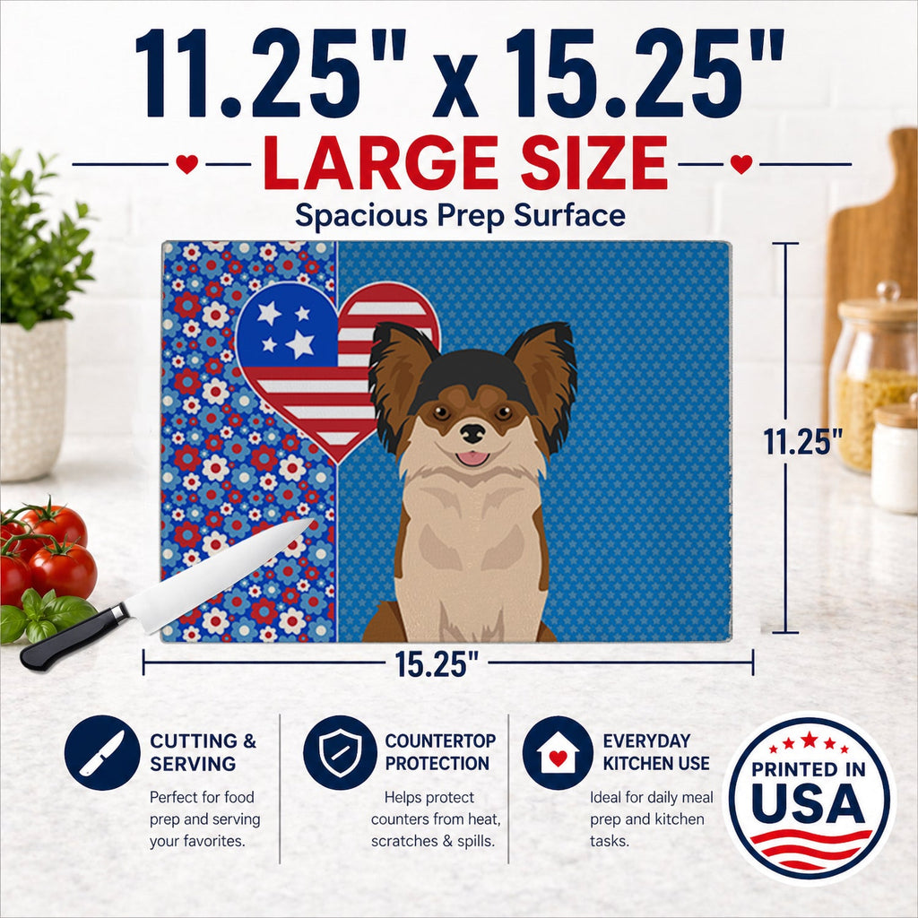 Longhaired Black and Red Chihuahua USA American Cutting Board Tempered Glass Kitchen Cutting Surface, Heat Resistant Chopping, Non-Slip Feet, Food Prep & Serving