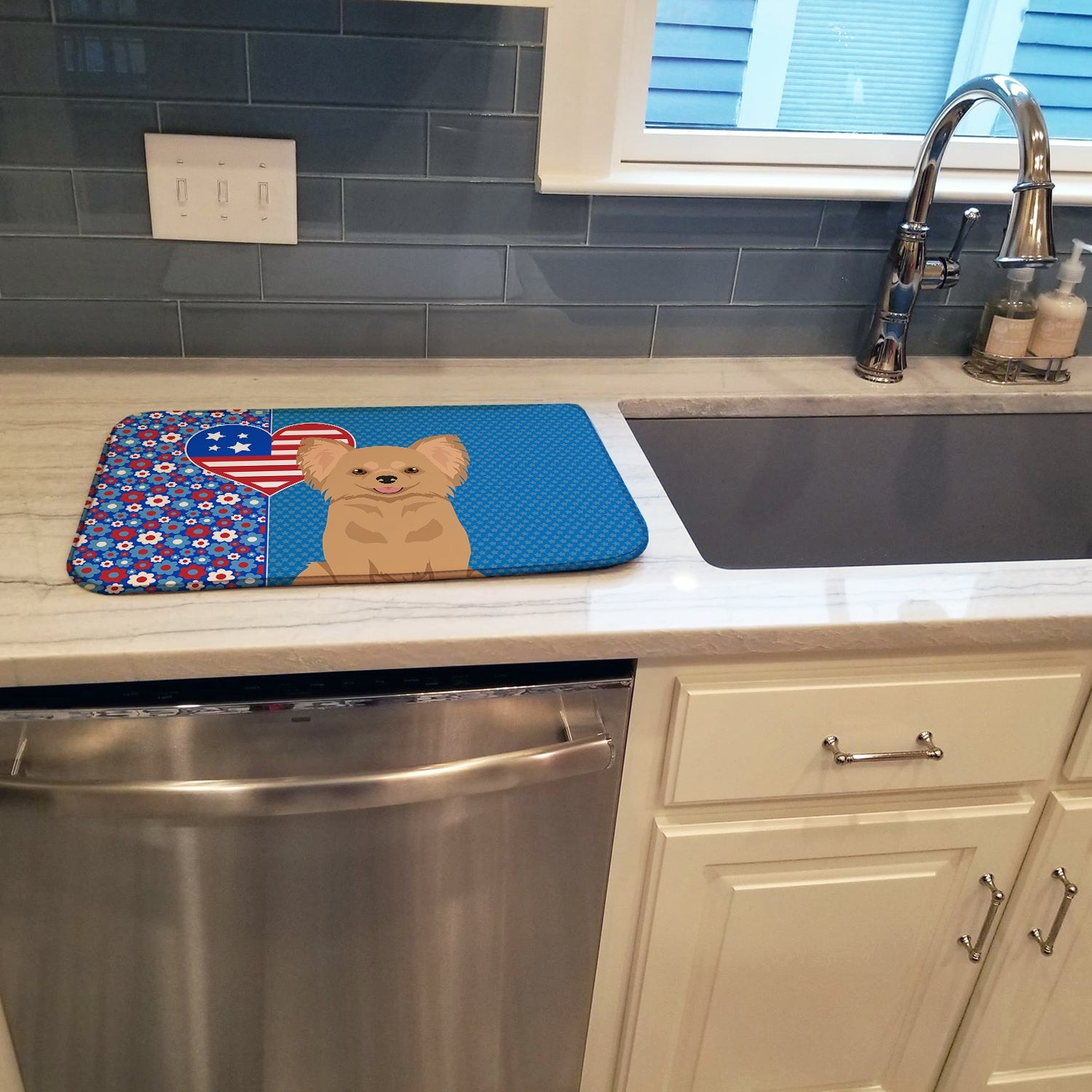 Longhaired Gold Chihuahua USA American Dish Drying Mat Absorbent Dish Drying Mat Pad for Kitchen Counter Dish Drainer Mat for Countertop, 14 x 21", Multicolor