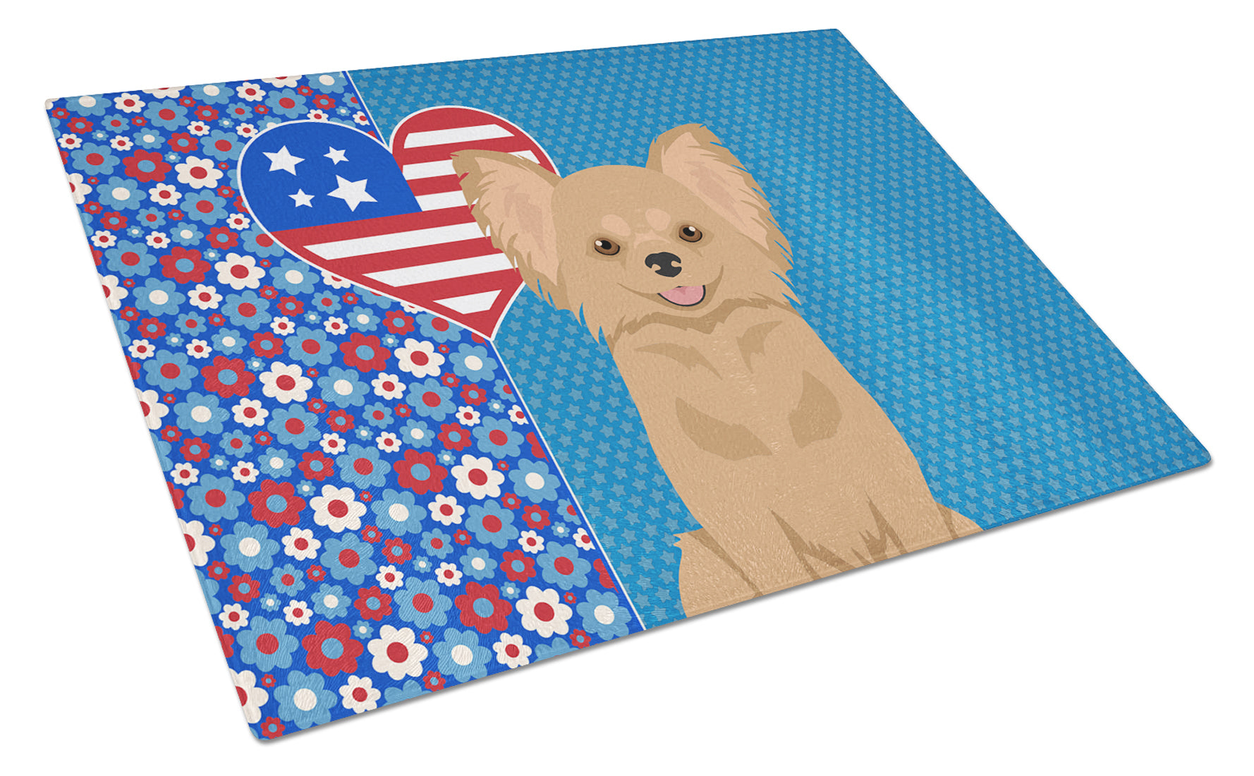 Longhaired Gold Chihuahua USA American Cutting Board Tempered Glass Kitchen Cutting Surface, Heat Resistant Chopping, Non-Slip Feet, Food Prep & Serving