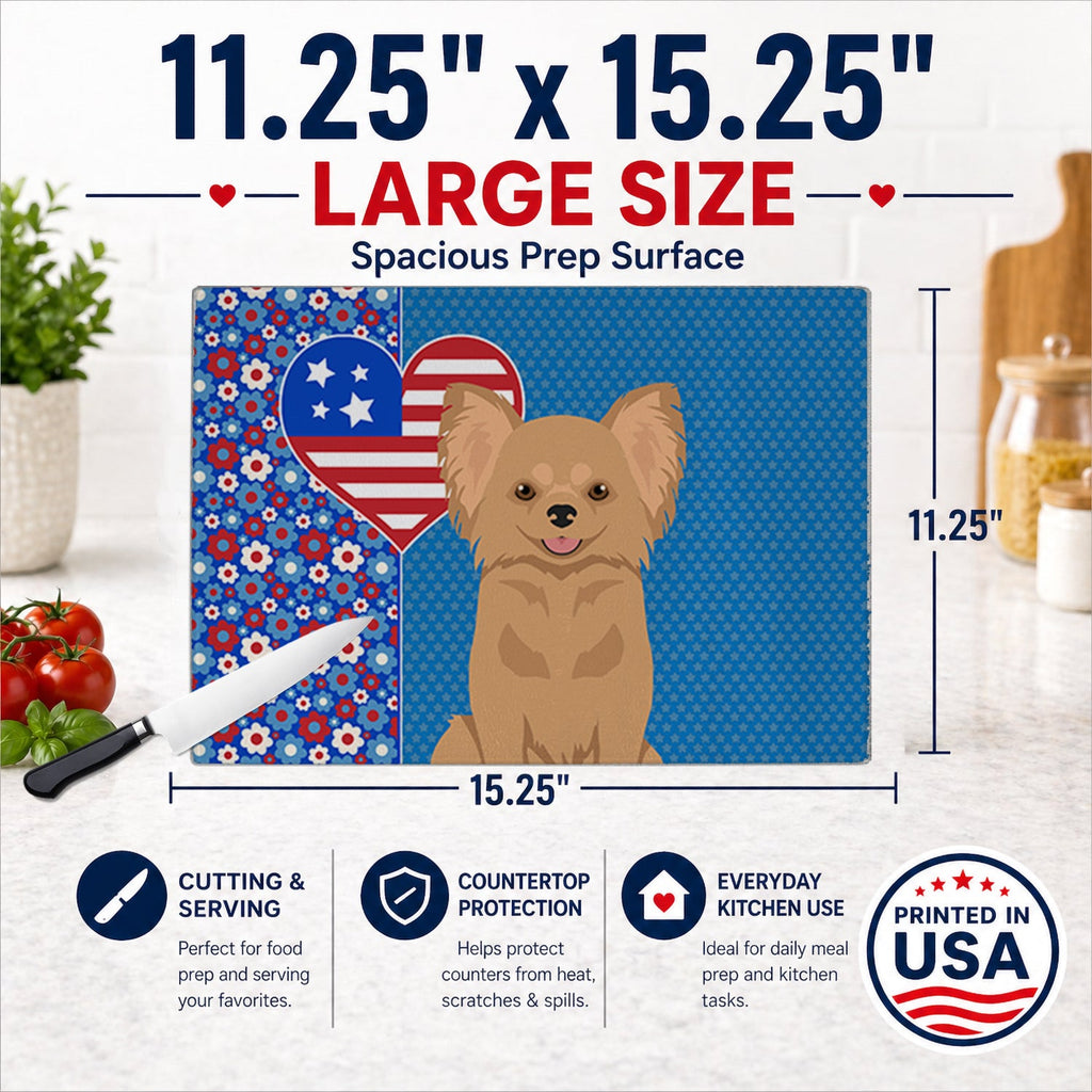 Longhaired Gold Chihuahua USA American Cutting Board Tempered Glass Kitchen Cutting Surface, Heat Resistant Chopping, Non-Slip Feet, Food Prep & Serving