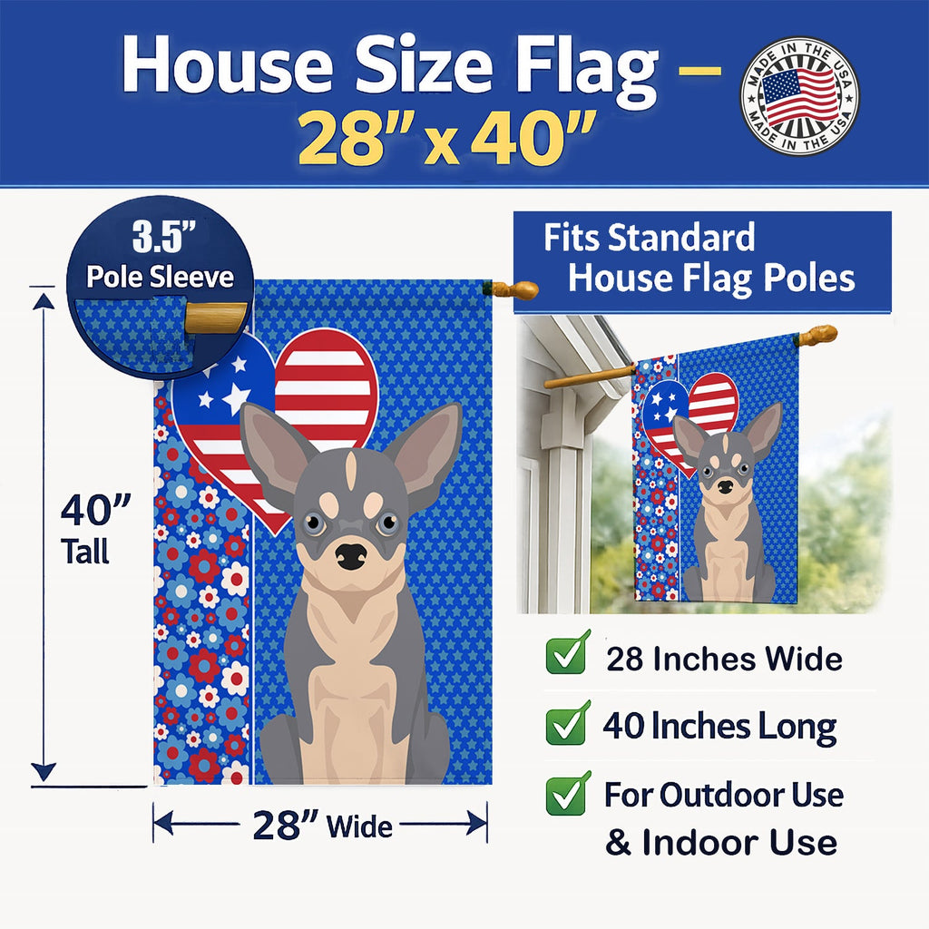 Blue and White Chihuahua USA American House Flag 28x40 Porch Sleeve Pole Decorative Outside Yard Banner Artwork Wall Hanging, Polyester