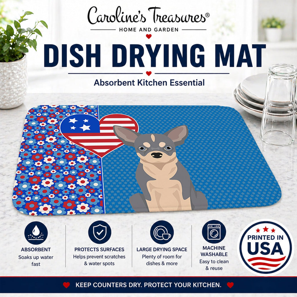 Blue and White Chihuahua USA American Dish Drying Mat Absorbent Dish Drying Mat Pad for Kitchen Counter Dish Drainer Mat for Countertop, 14 x 21", Multicolor