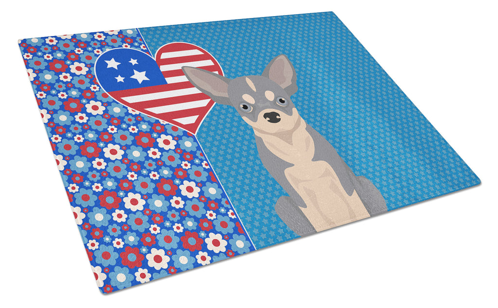 Blue and White Chihuahua USA American Cutting Board Tempered Glass Kitchen Cutting Surface, Heat Resistant Chopping, Non-Slip Feet, Food Prep & Serving