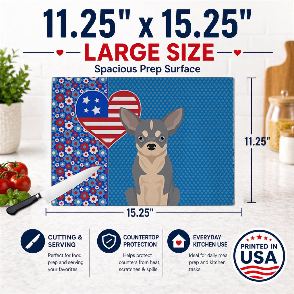 Blue and White Chihuahua USA American Cutting Board Tempered Glass Kitchen Cutting Surface, Heat Resistant Chopping, Non-Slip Feet, Food Prep & Serving