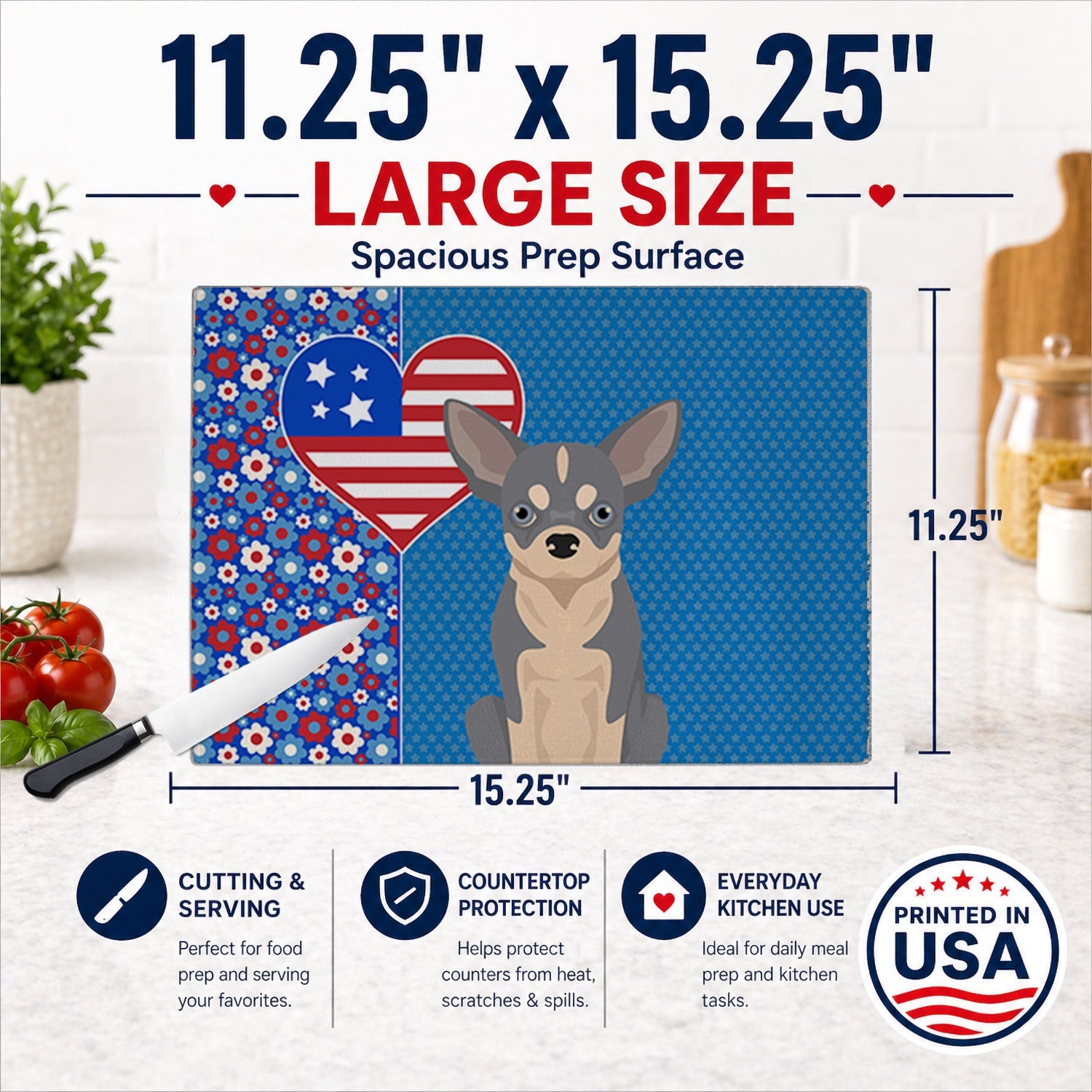 Blue and White Chihuahua USA American Cutting Board Tempered Glass Kitchen Cutting Surface, Heat Resistant Chopping, Non-Slip Feet, Food Prep & Serving
