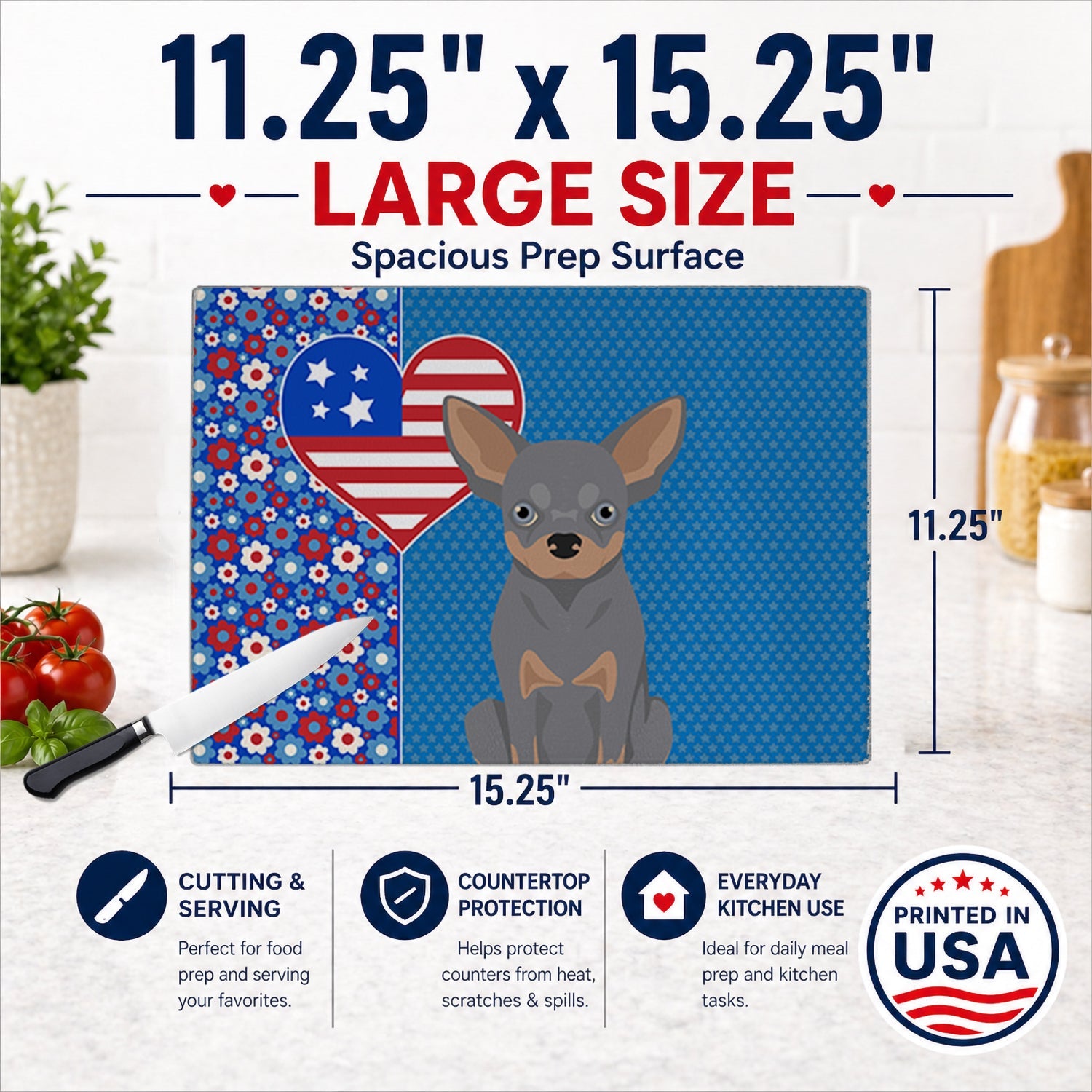 Blue and Tan Chihuahua USA American Cutting Board Tempered Glass Kitchen Cutting Surface, Heat Resistant Chopping, Non-Slip Feet, Food Prep & Serving