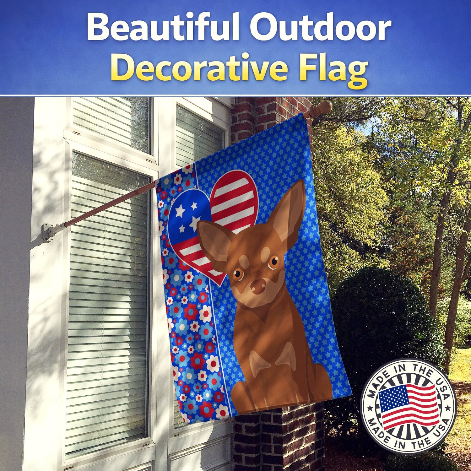 Chocolate and Tan Chihuahua USA American House Flag 28x40 Porch Sleeve Pole Decorative Outside Yard Banner Artwork Wall Hanging, Polyester