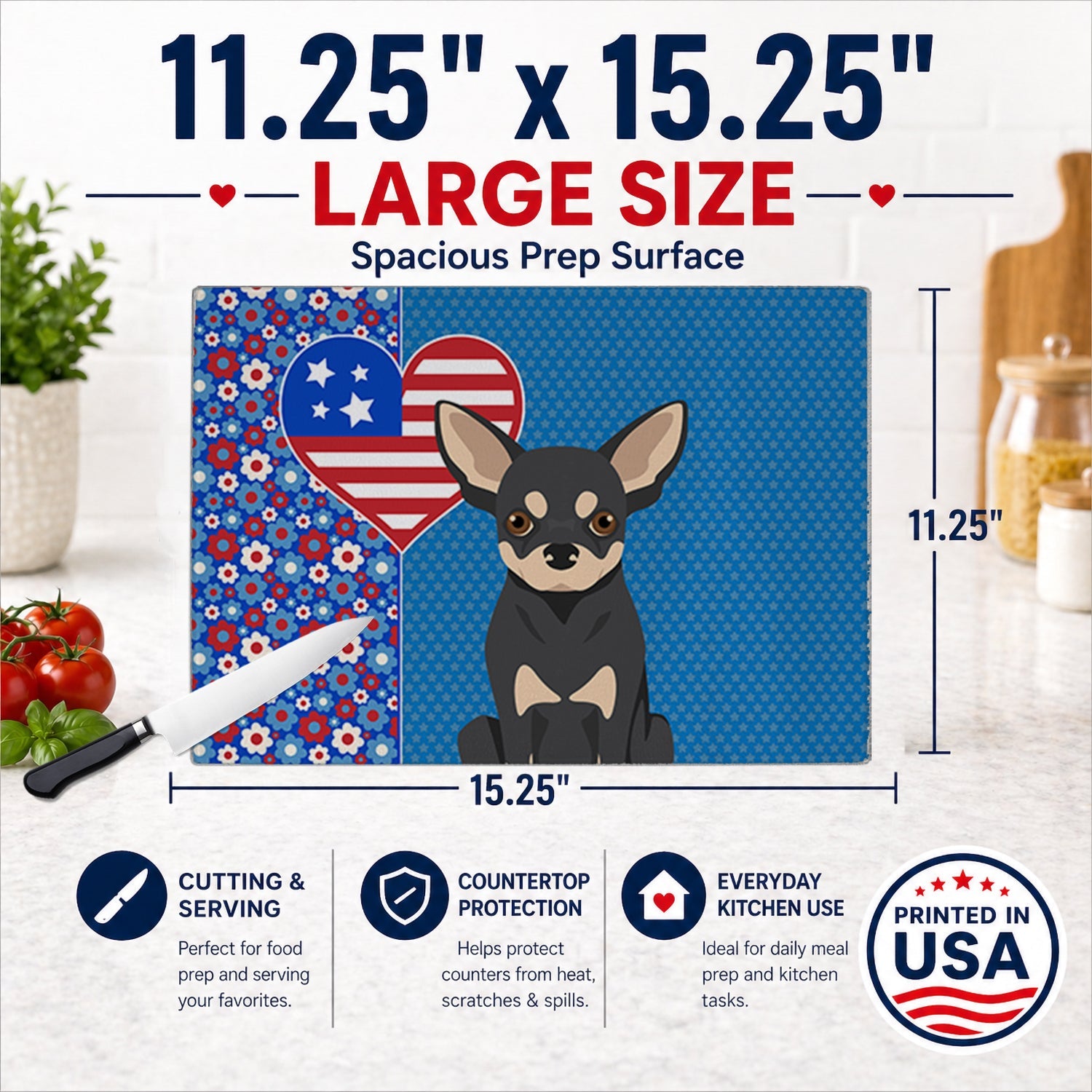 Black and Cream Chihuahua USA American Cutting Board Tempered Glass Kitchen Cutting Surface, Heat Resistant Chopping, Non-Slip Feet, Food Prep & Serving