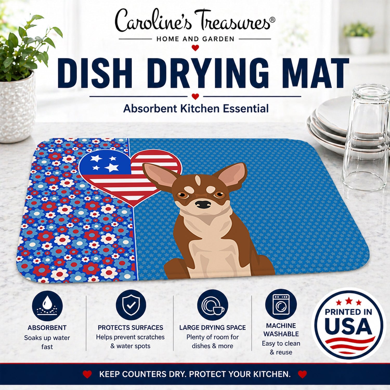 Red and White Chihuahua USA American Dish Drying Mat Absorbent Dish Drying Mat Pad for Kitchen Counter Dish Drainer Mat for Countertop, 14 x 21", Multicolor