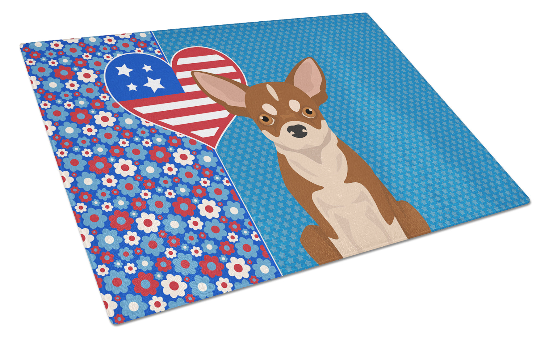 Red and White Chihuahua USA American Cutting Board Tempered Glass Kitchen Cutting Surface, Heat Resistant Chopping, Non-Slip Feet, Food Prep & Serving