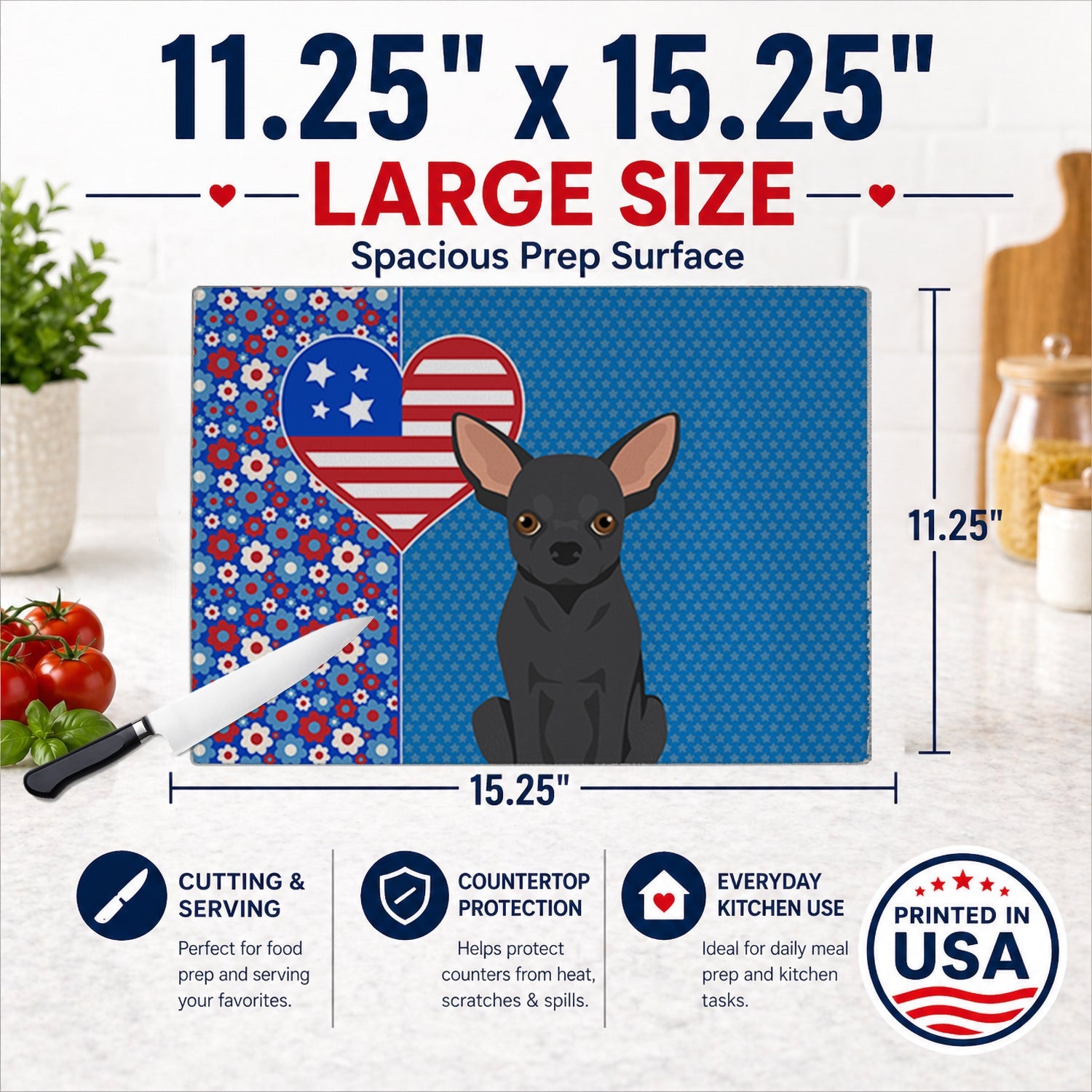 Black Chihuahua USA American Cutting Board Tempered Glass Kitchen Cutting Surface, Heat Resistant Chopping, Non-Slip Feet, Food Prep & Serving