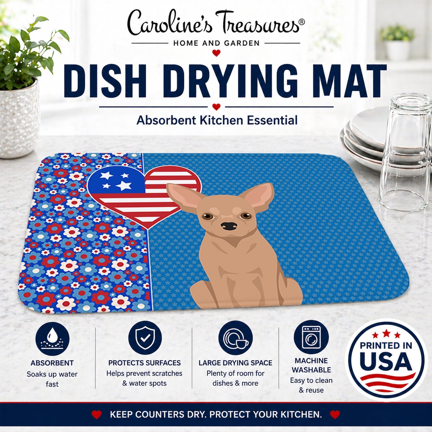 Cream Chihuahua USA American Dish Drying Mat Absorbent Dish Drying Mat Pad for Kitchen Counter Dish Drainer Mat for Countertop, 14 x 21", Multicolor
