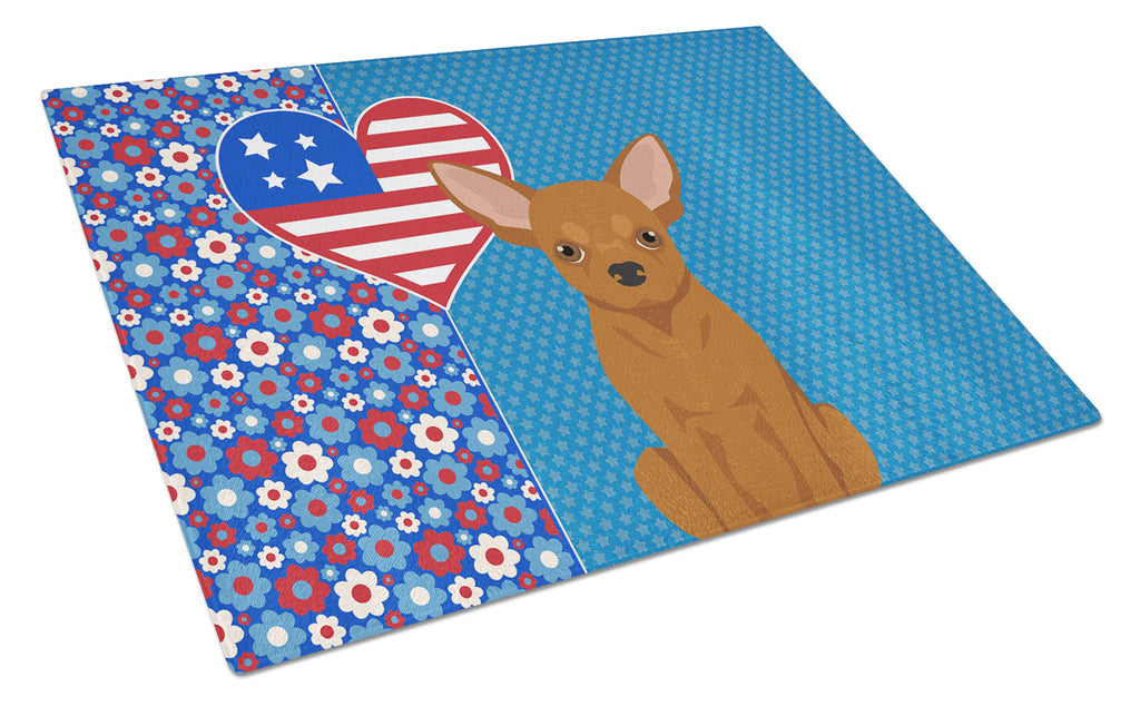 Red Chihuahua USA American Cutting Board Tempered Glass Kitchen Cutting Surface, Heat Resistant Chopping, Non-Slip Feet, Food Prep & Serving