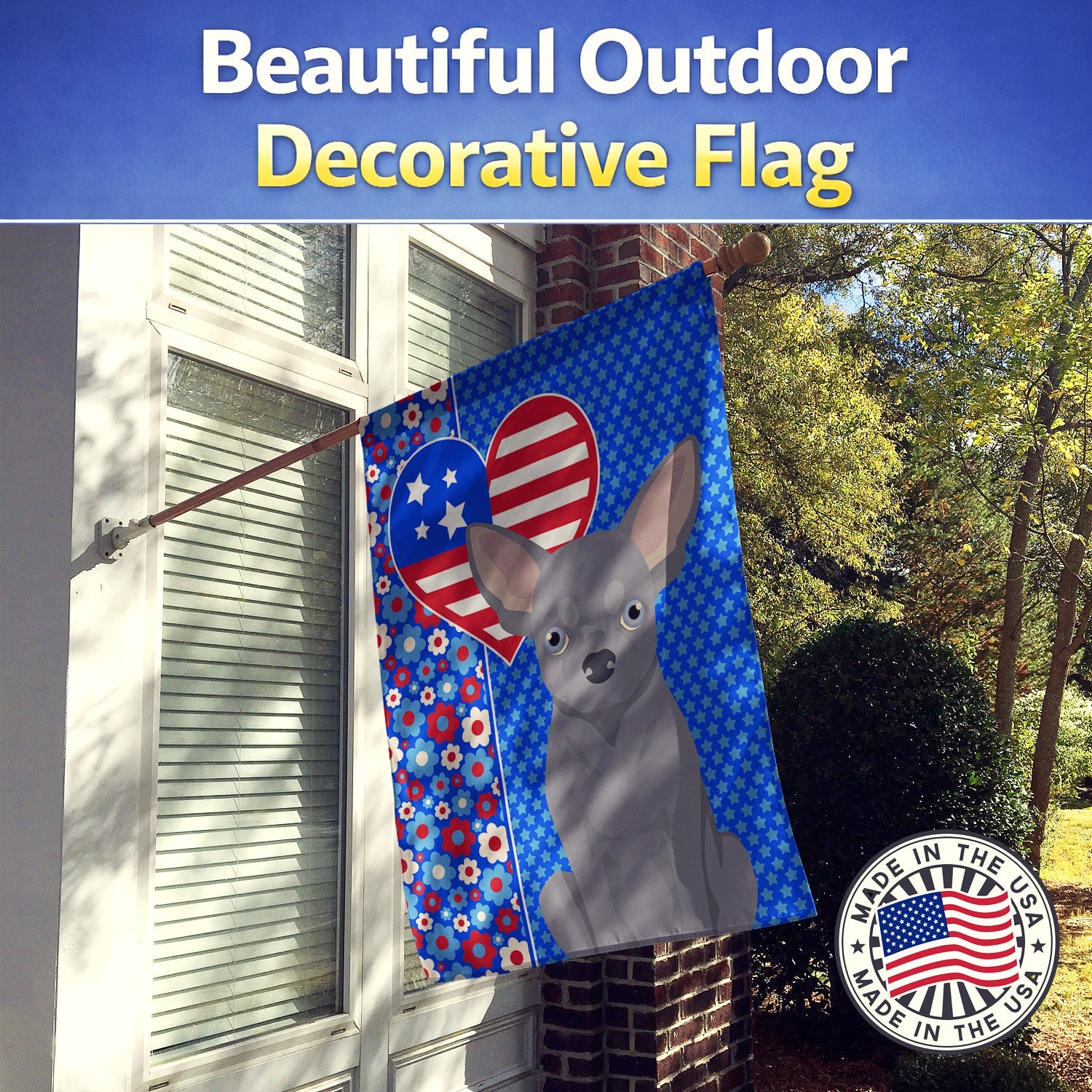 Blue Chihuahua USA American House Flag 28x40 Porch Sleeve Pole Decorative Outside Yard Banner Artwork Wall Hanging, Polyester