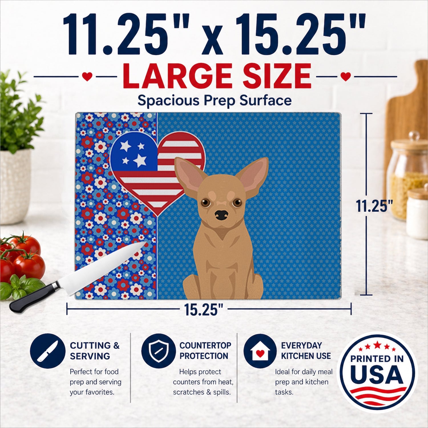 Gold Chihuahua USA American Cutting Board Tempered Glass Kitchen Cutting Surface, Heat Resistant Chopping, Non-Slip Feet, Food Prep & Serving