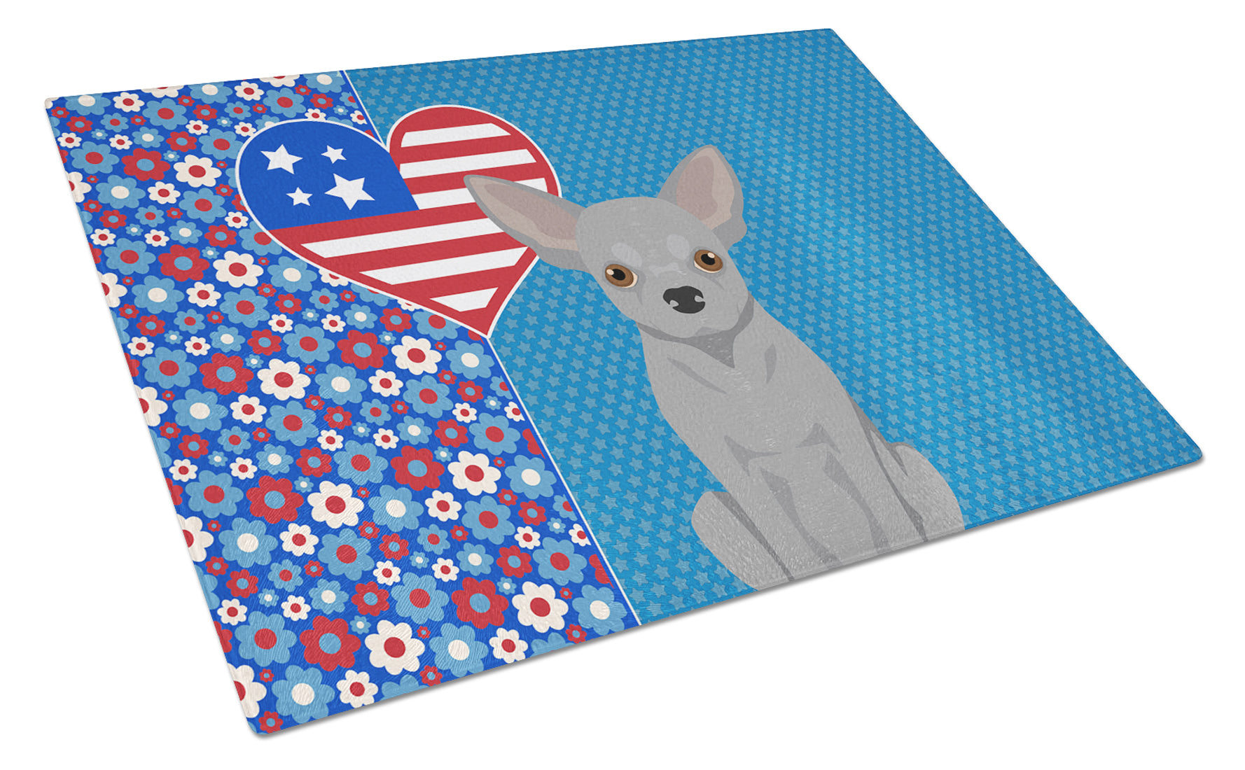 Silver Chihuahua USA American Cutting Board Tempered Glass Kitchen Cutting Surface, Heat Resistant Chopping, Non-Slip Feet, Food Prep & Serving