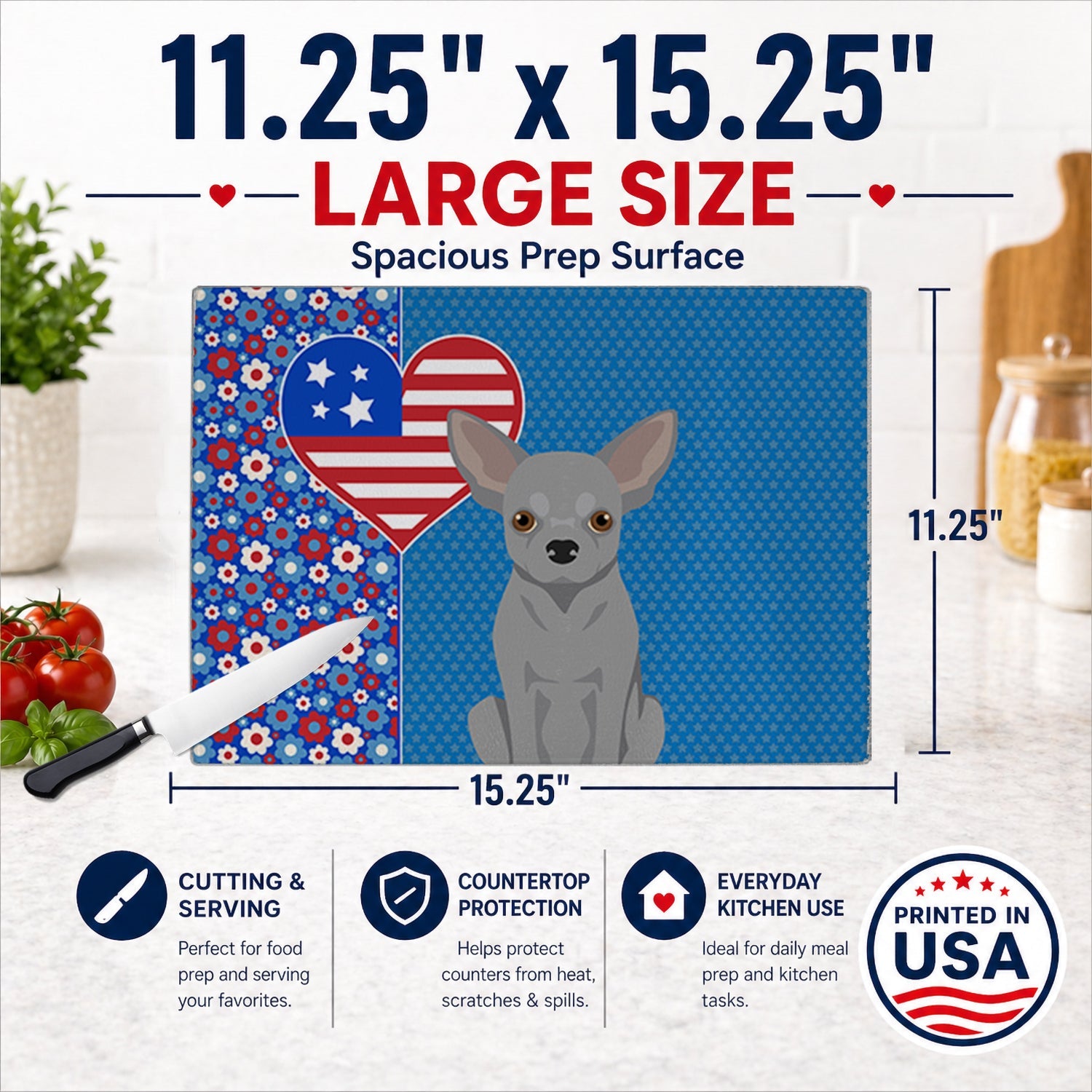 Silver Chihuahua USA American Cutting Board Tempered Glass Kitchen Cutting Surface, Heat Resistant Chopping, Non-Slip Feet, Food Prep & Serving