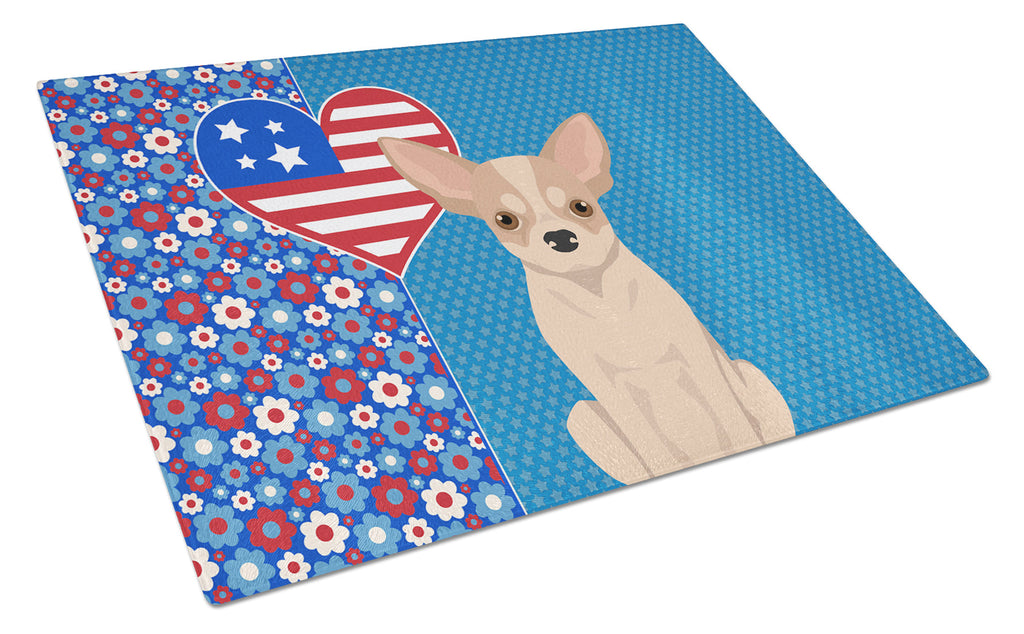Fawn and White Chihuahua USA American Cutting Board Tempered Glass Kitchen Cutting Surface, Heat Resistant Chopping, Non-Slip Feet, Food Prep & Serving
