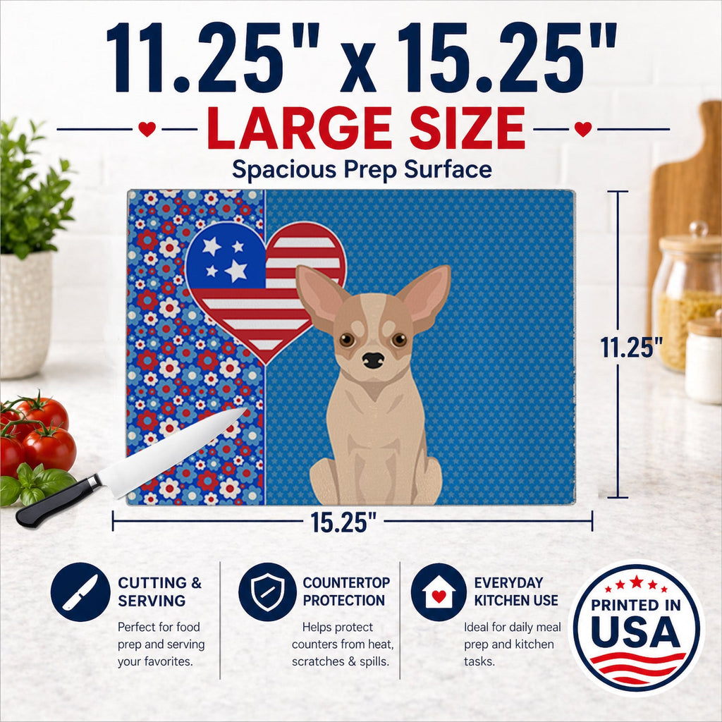 Fawn and White Chihuahua USA American Cutting Board Tempered Glass Kitchen Cutting Surface, Heat Resistant Chopping, Non-Slip Feet, Food Prep & Serving