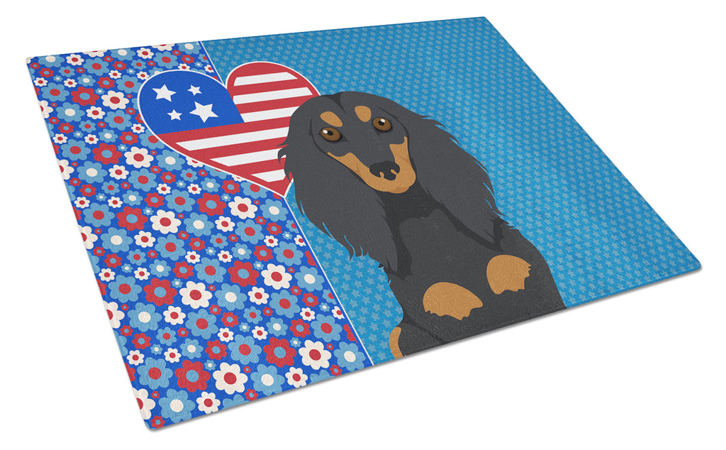 Longhair Black and Tan Dachshund USA American Cutting Board Tempered Glass Kitchen Cutting Surface, Heat Resistant Chopping, Non-Slip Feet, Food Prep & Serving