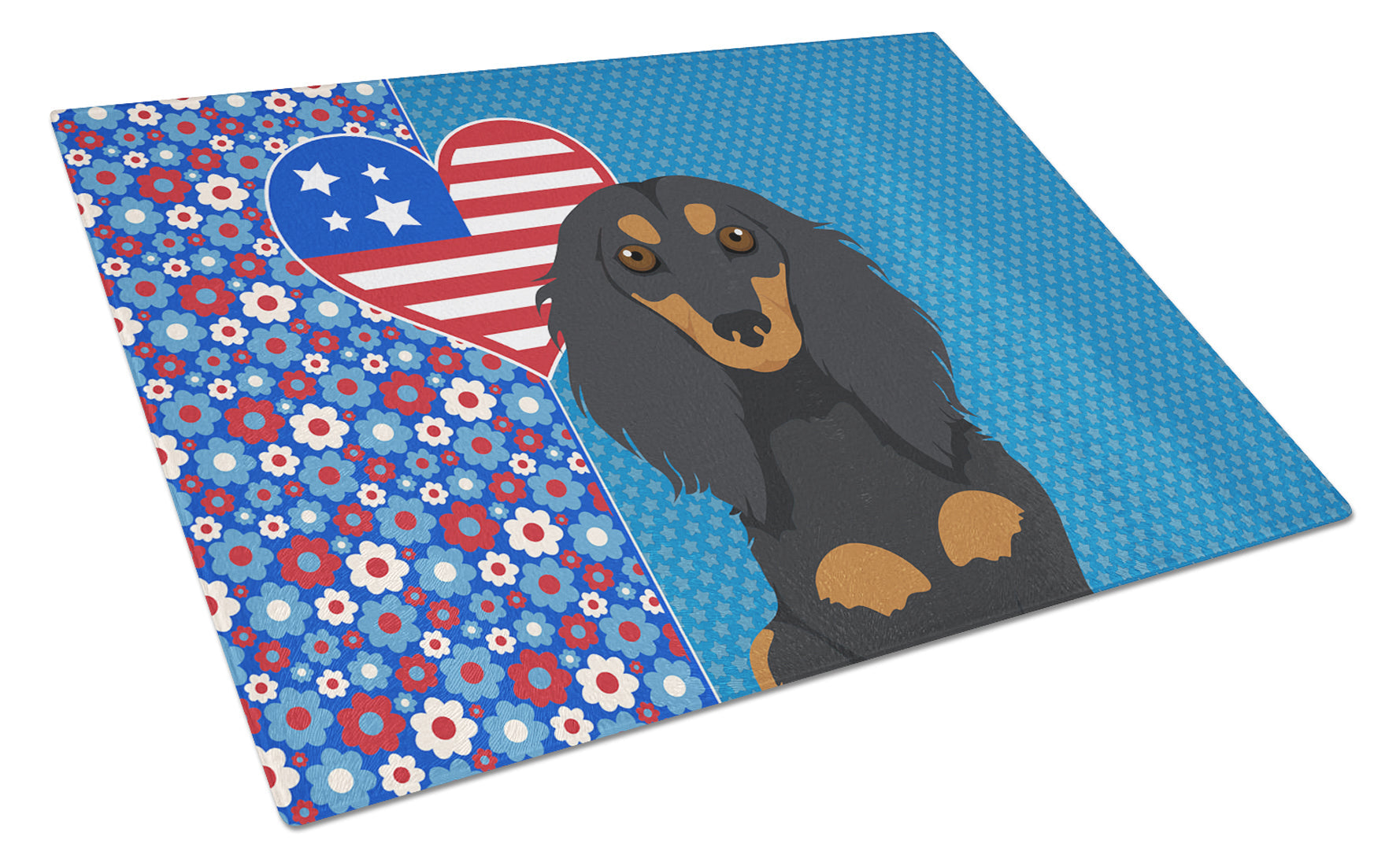 Longhair Black and Tan Dachshund USA American Cutting Board Tempered Glass Kitchen Cutting Surface, Heat Resistant Chopping, Non-Slip Feet, Food Prep & Serving