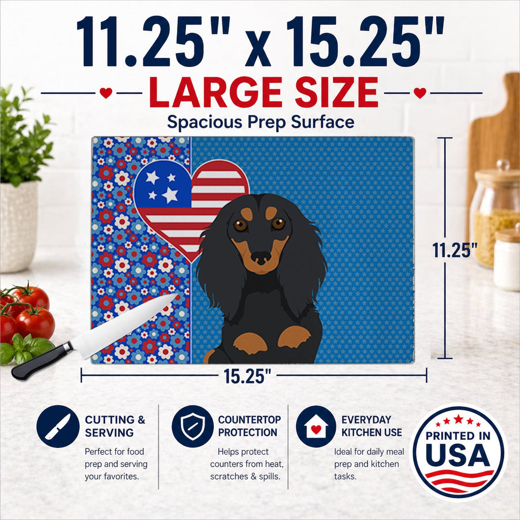 Longhair Black and Tan Dachshund USA American Cutting Board Tempered Glass Kitchen Cutting Surface, Heat Resistant Chopping, Non-Slip Feet, Food Prep & Serving