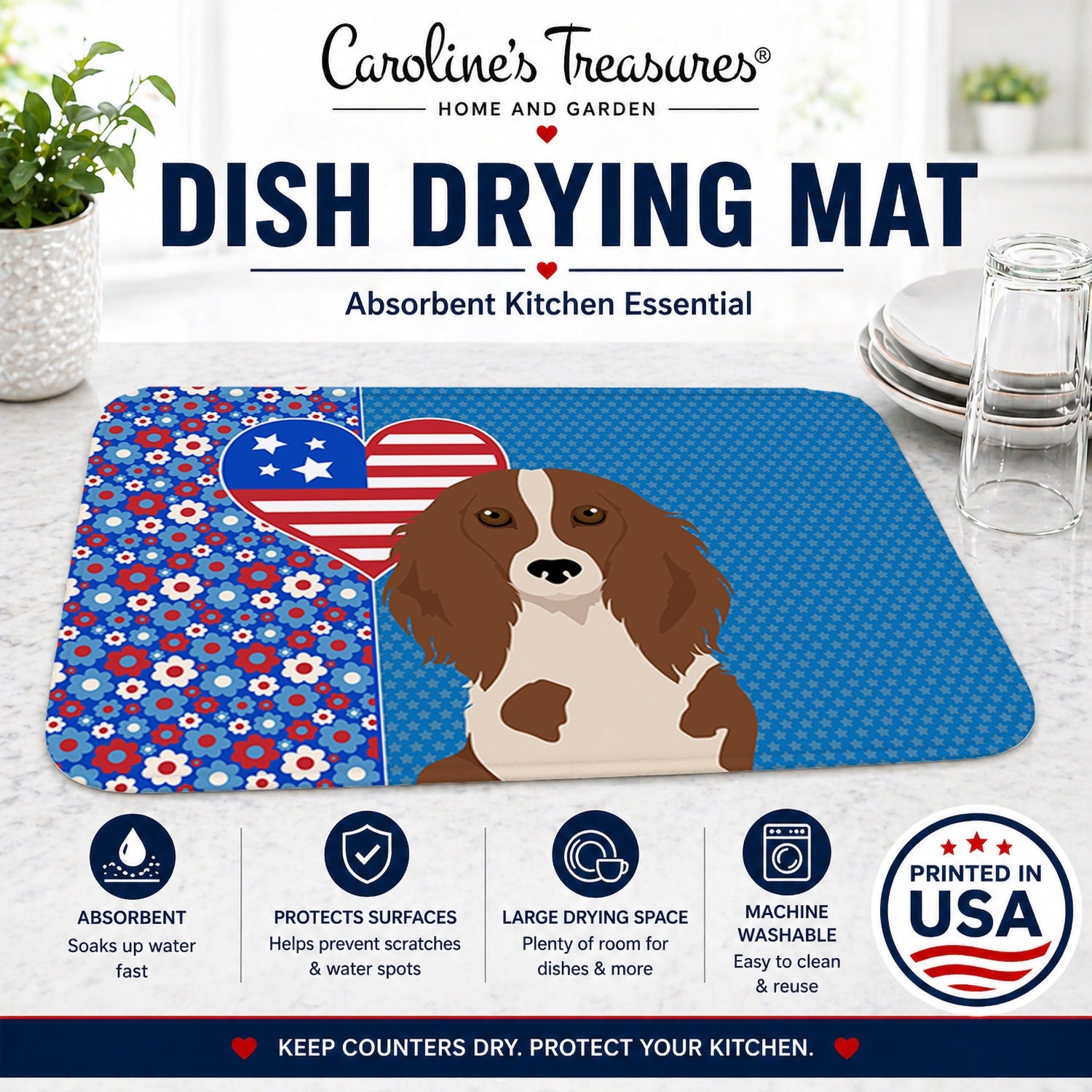 Longhair Red Pedbald Dachshund USA American Dish Drying Mat Absorbent Dish Drying Mat Pad for Kitchen Counter Dish Drainer Mat for Countertop, 14 x 21", Multicolor