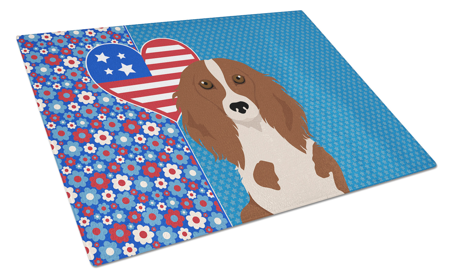 Longhair Red Pedbald Dachshund USA American Cutting Board Tempered Glass Kitchen Cutting Surface, Heat Resistant Chopping, Non-Slip Feet, Food Prep & Serving