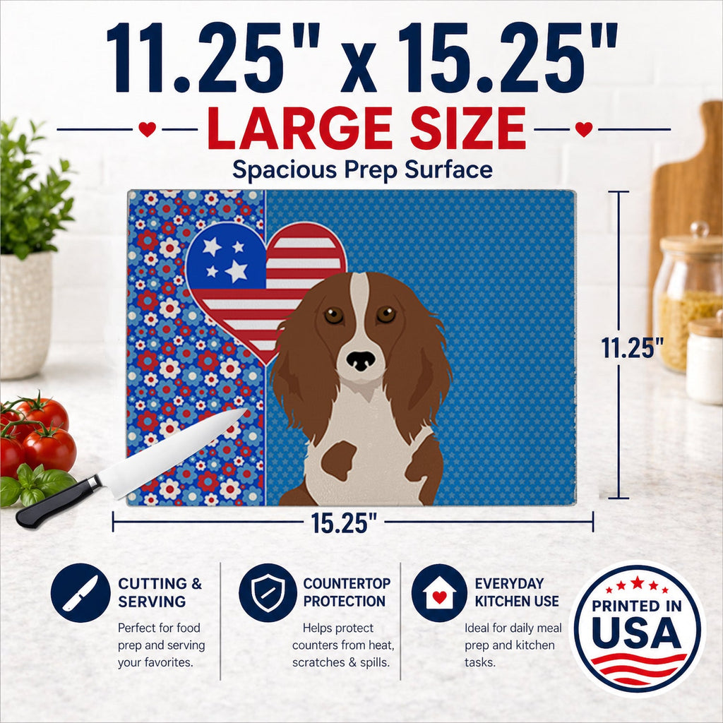 Longhair Red Pedbald Dachshund USA American Cutting Board Tempered Glass Kitchen Cutting Surface, Heat Resistant Chopping, Non-Slip Feet, Food Prep & Serving