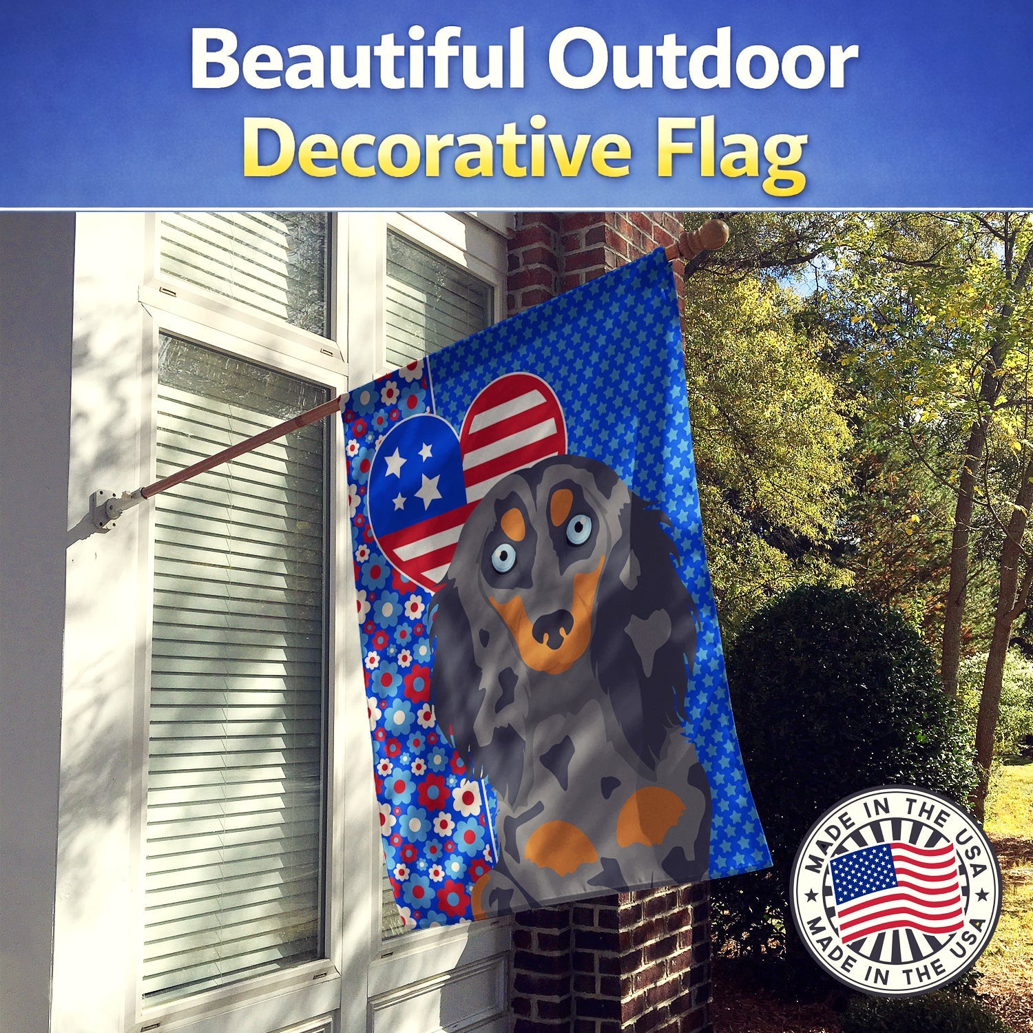 Longhair Blue and Tan Dapple Dachshund USA American House Flag 28x40 Porch Sleeve Pole Decorative Outside Yard Banner Artwork Wall Hanging, Polyester