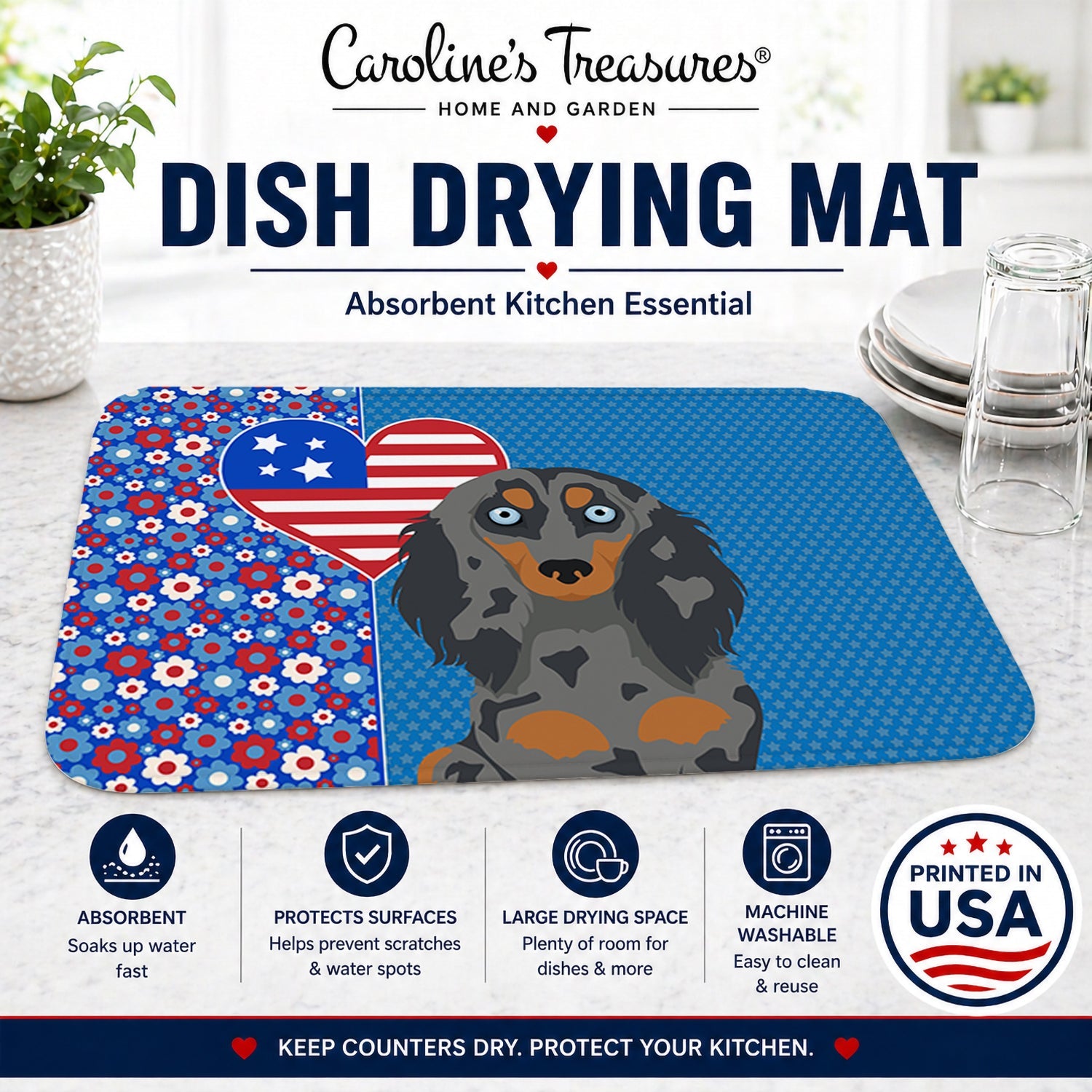 Longhair Blue and Tan Dapple Dachshund USA American Dish Drying Mat Absorbent Dish Drying Mat Pad for Kitchen Counter Dish Drainer Mat for Countertop, 14 x 21", Multicolor