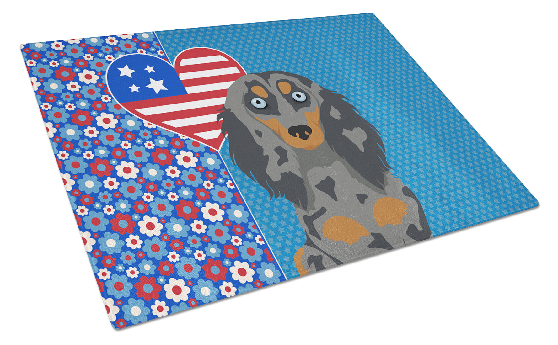 Longhair Blue and Tan Dapple Dachshund USA American Cutting Board Tempered Glass Kitchen Cutting Surface, Heat Resistant Chopping, Non-Slip Feet, Food Prep & Serving