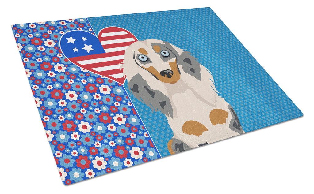 Longhair Cream Dapple Dachshund USA American Cutting Board Tempered Glass Kitchen Cutting Surface, Heat Resistant Chopping, Non-Slip Feet, Food Prep & Serving