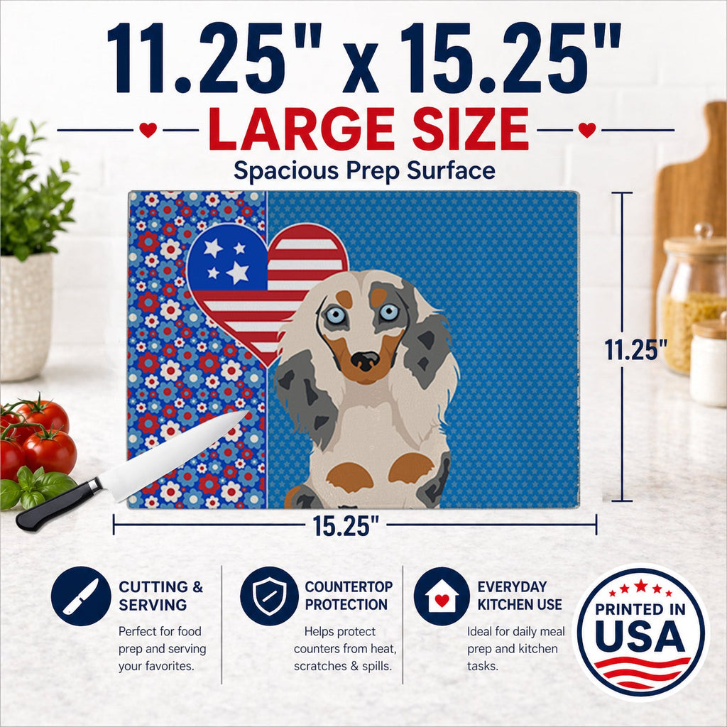 Longhair Cream Dapple Dachshund USA American Cutting Board Tempered Glass Kitchen Cutting Surface, Heat Resistant Chopping, Non-Slip Feet, Food Prep & Serving