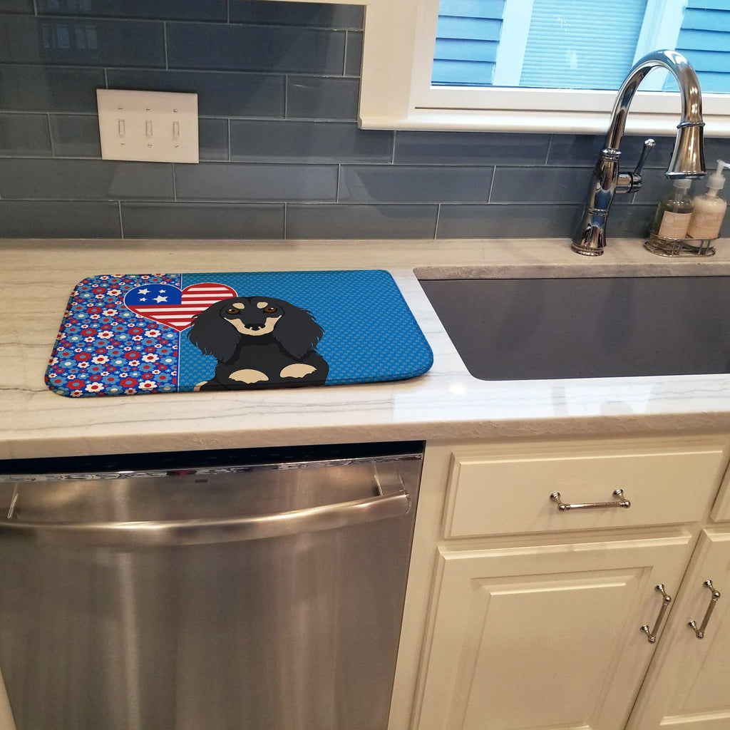 Longhair Black and Cream Dachshund USA American Dish Drying Mat Absorbent Dish Drying Mat Pad for Kitchen Counter Dish Drainer Mat for Countertop, 14 x 21", Multicolor