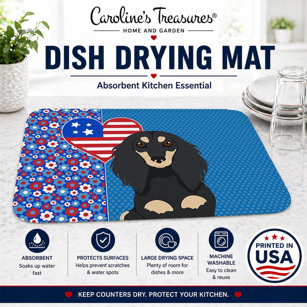 Longhair Black and Cream Dachshund USA American Dish Drying Mat Absorbent Dish Drying Mat Pad for Kitchen Counter Dish Drainer Mat for Countertop, 14 x 21", Multicolor