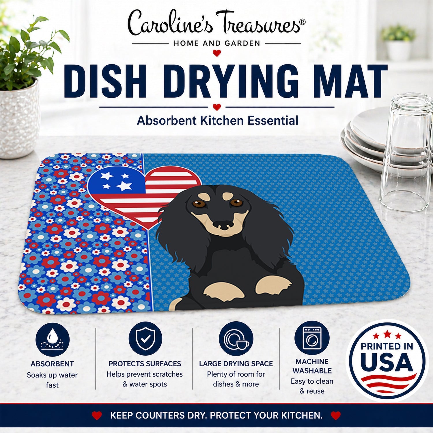 Longhair Black and Cream Dachshund USA American Dish Drying Mat Absorbent Dish Drying Mat Pad for Kitchen Counter Dish Drainer Mat for Countertop, 14 x 21", Multicolor
