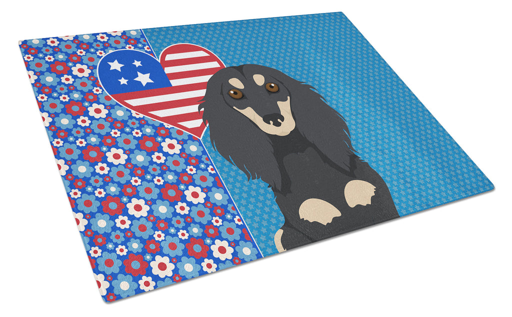 Longhair Black and Cream Dachshund USA American Cutting Board Tempered Glass Kitchen Cutting Surface, Heat Resistant Chopping, Non-Slip Feet, Food Prep & Serving
