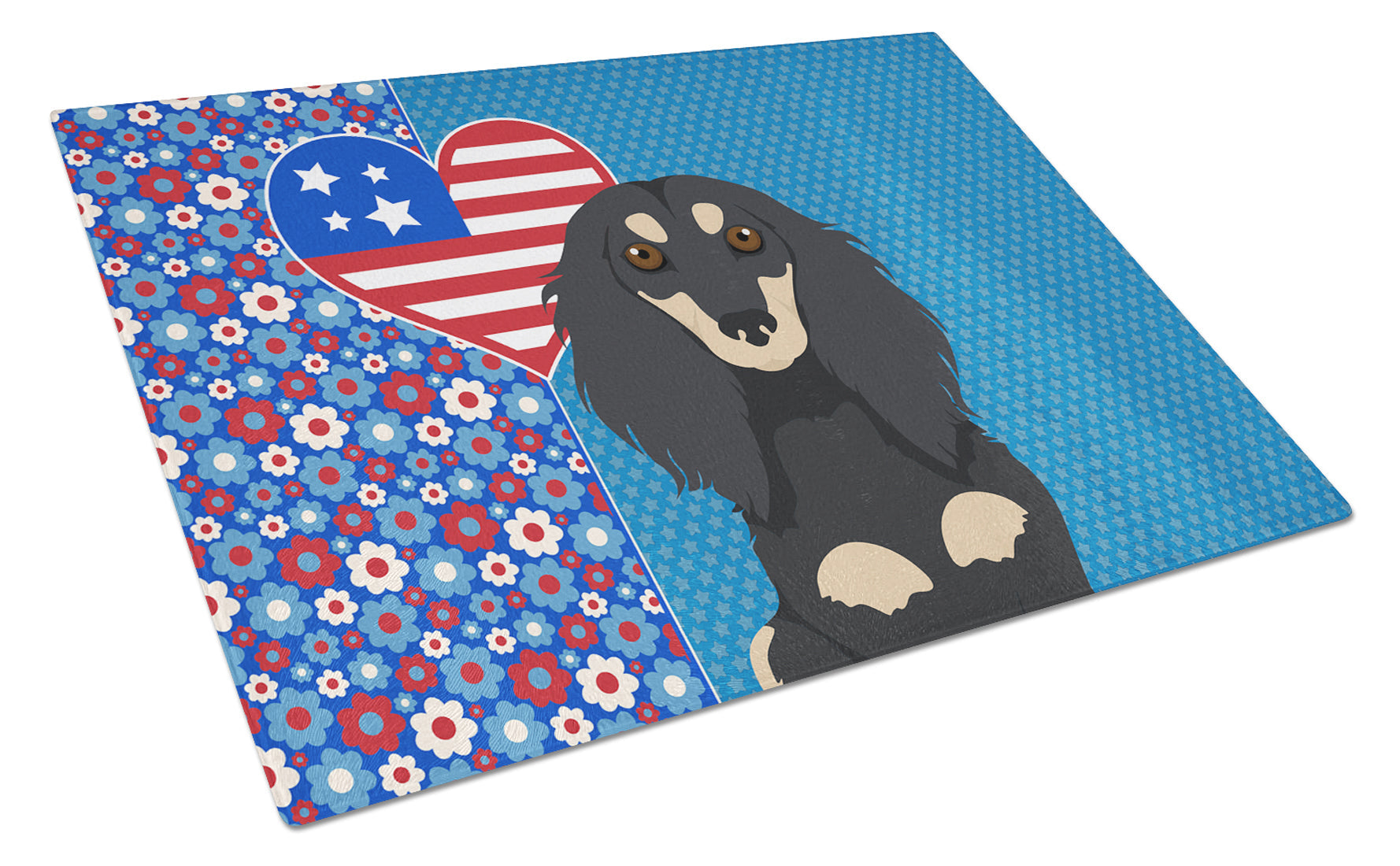 Longhair Black and Cream Dachshund USA American Cutting Board Tempered Glass Kitchen Cutting Surface, Heat Resistant Chopping, Non-Slip Feet, Food Prep & Serving