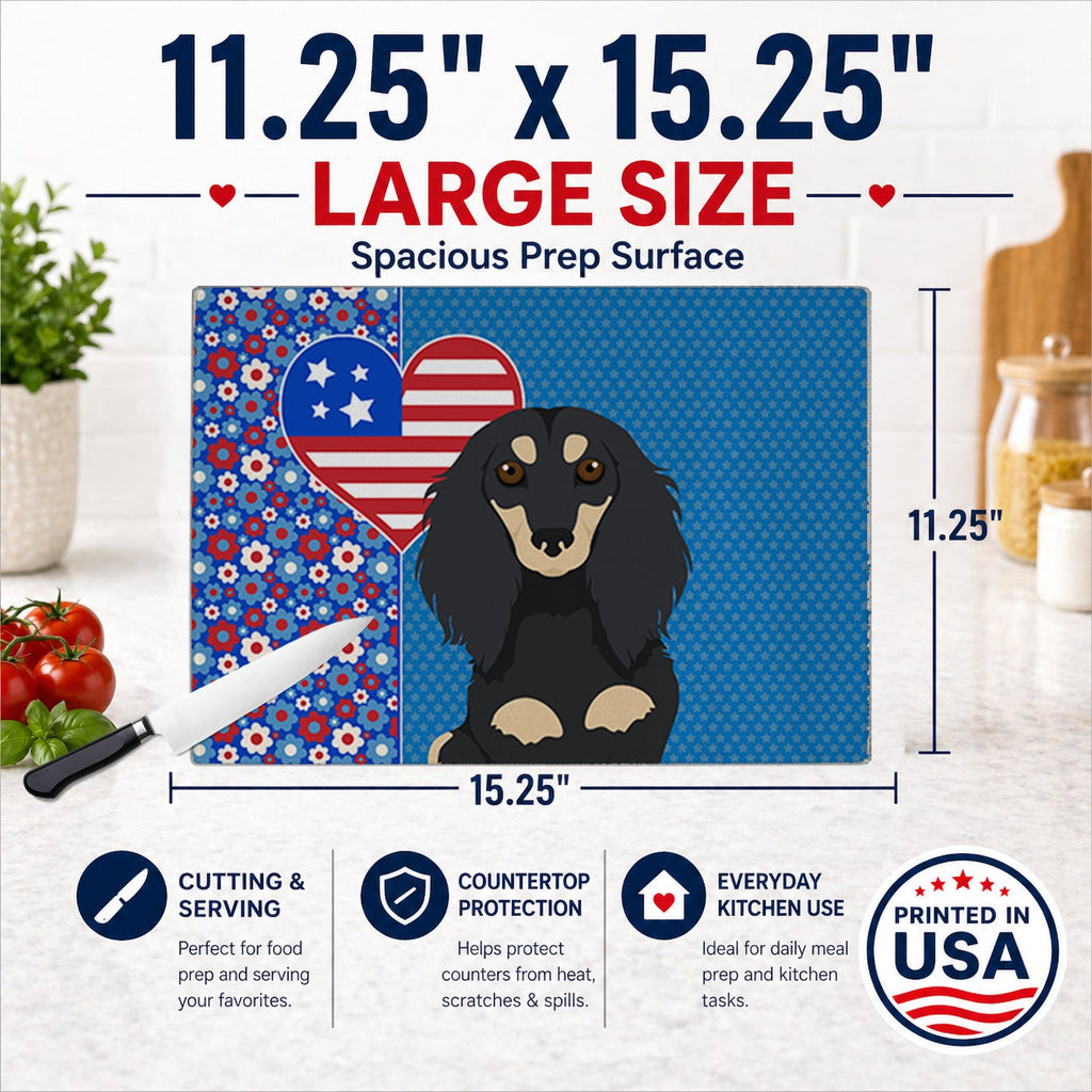 Longhair Black and Cream Dachshund USA American Cutting Board Tempered Glass Kitchen Cutting Surface, Heat Resistant Chopping, Non-Slip Feet, Food Prep & Serving