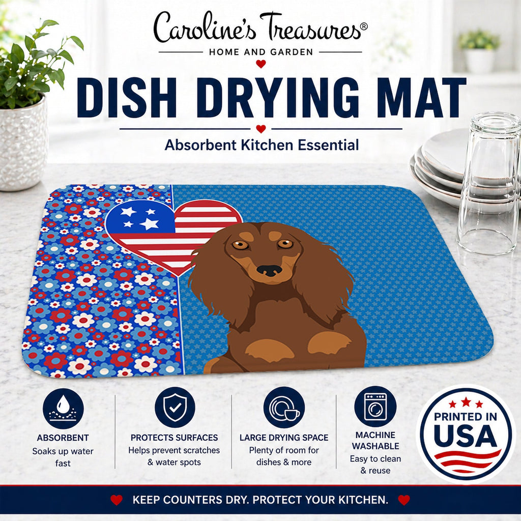 Longhair Chocolate and Tan Dachshund USA American Dish Drying Mat Absorbent Dish Drying Mat Pad for Kitchen Counter Dish Drainer Mat for Countertop, 14 x 21", Multicolor