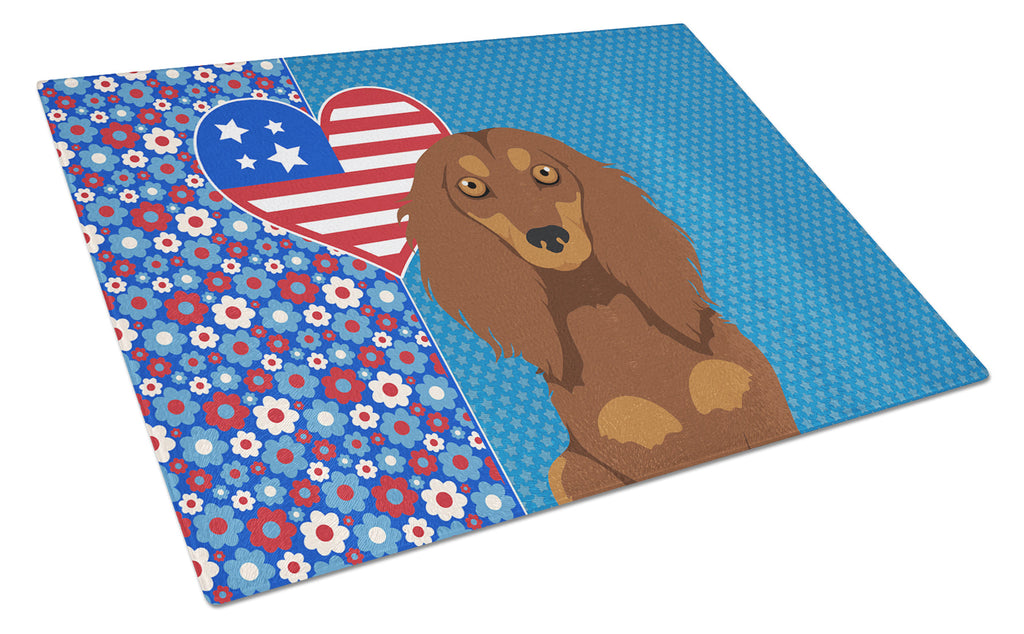 Longhair Chocolate and Tan Dachshund USA American Cutting Board Tempered Glass Kitchen Cutting Surface, Heat Resistant Chopping, Non-Slip Feet, Food Prep & Serving