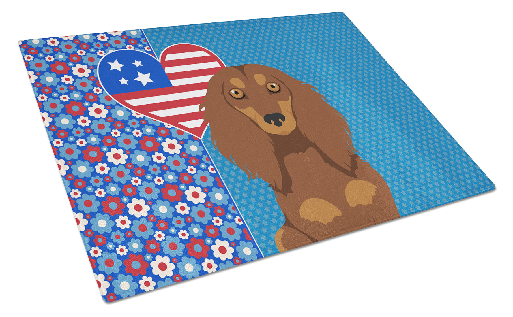 Longhair Chocolate and Tan Dachshund USA American Cutting Board Tempered Glass Kitchen Cutting Surface, Heat Resistant Chopping, Non-Slip Feet, Food Prep & Serving